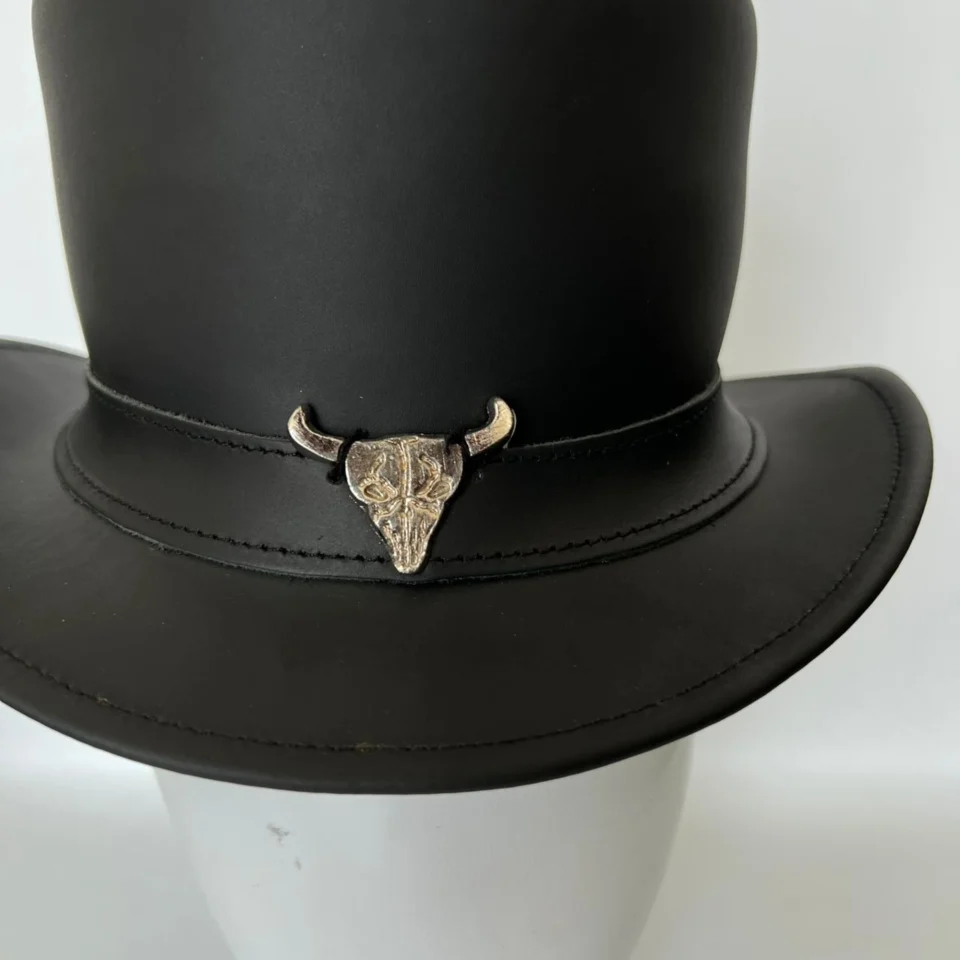 Black Handmade Leather Festival Top Hat Style 156 gallery view 05 - black costume top hat with structured crown