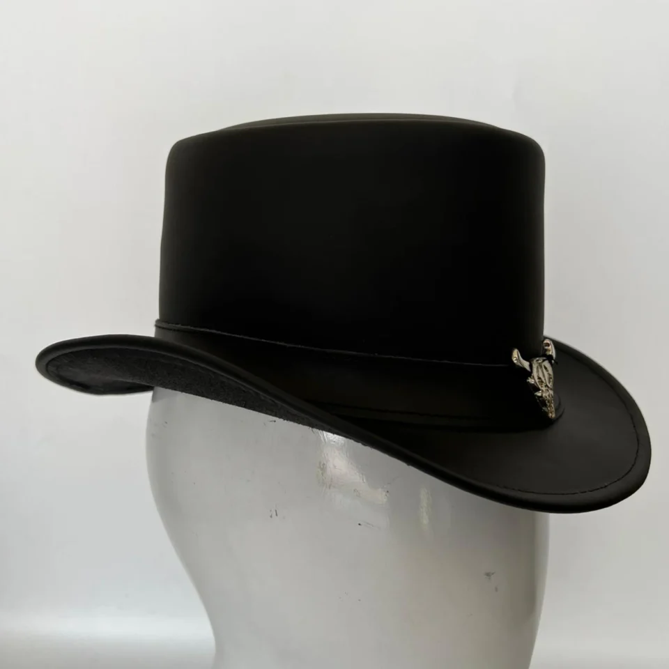 Black Handmade Leather Festival Top Hat Style 156 gallery view 06 - black costume top hat with structured crown