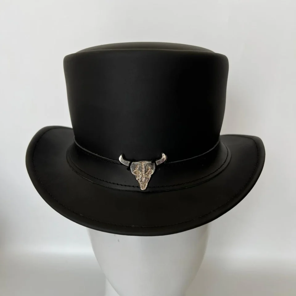 Black Handmade Leather Festival Top Hat Style 156 gallery view 07 - black costume top hat with structured crown