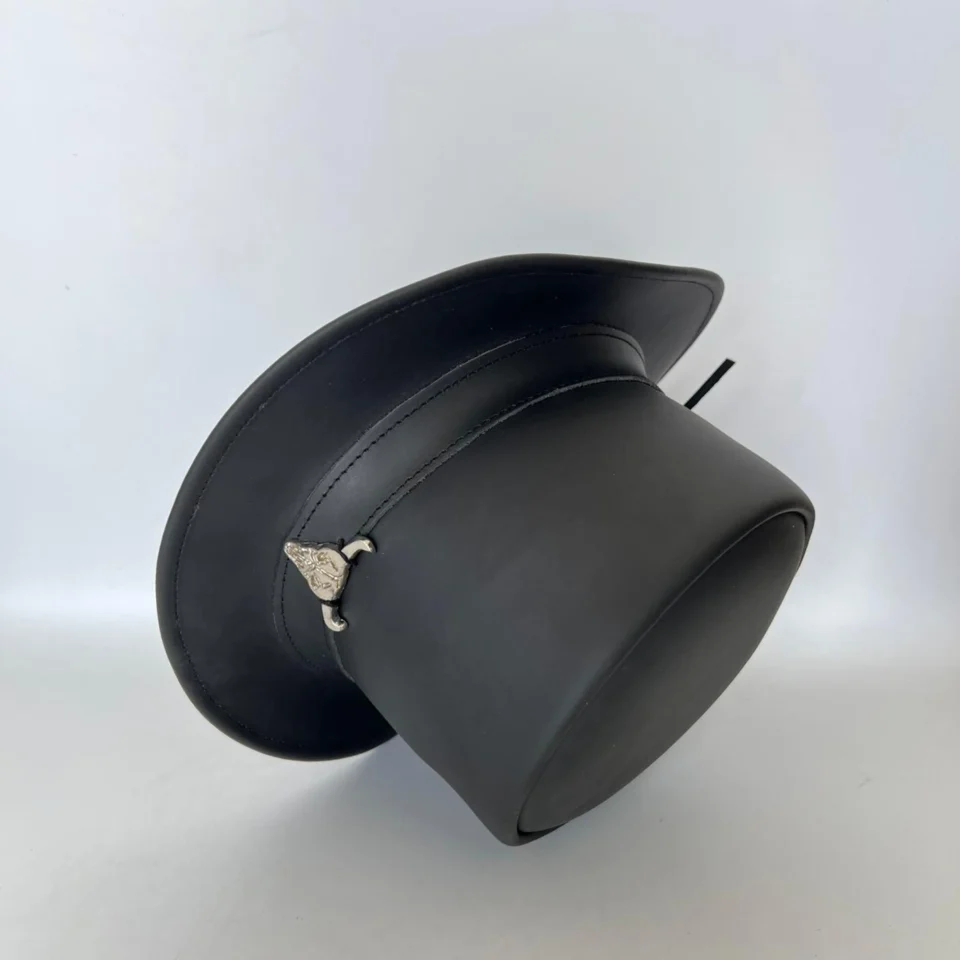 Black Handmade Leather Festival Top Hat Style 156 gallery view 08 - black costume top hat with structured crown