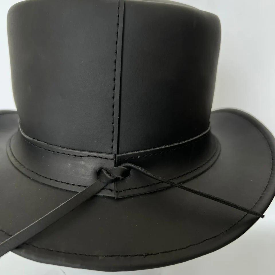 Black Handmade Leather Festival Top Hat Style 156 side view - black costume top hat with structured crown