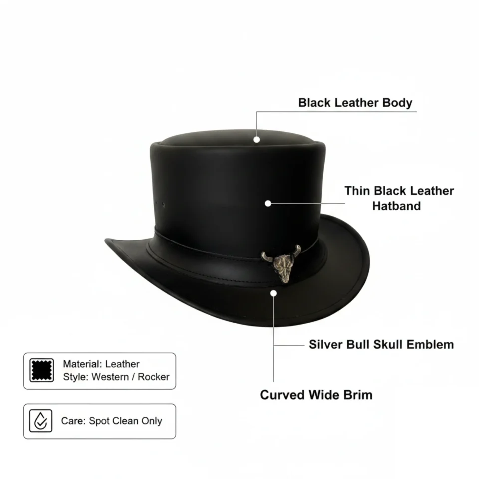 Black Handmade Leather Festival Top Hat Style 156 three quarter view - black costume top hat with structured crown