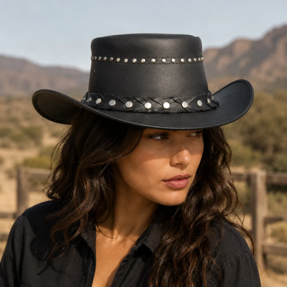 Black Studded Western Top Hat front view - black tall top hat / western top hat