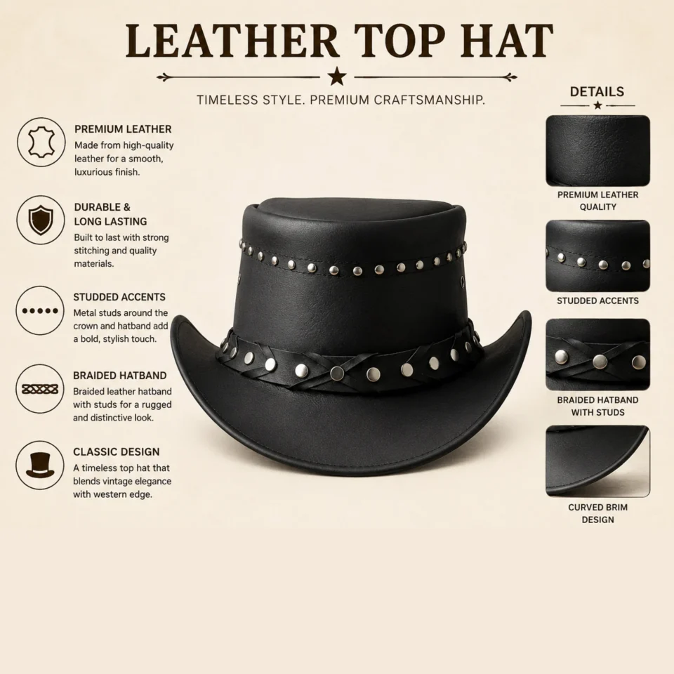 Black Studded Western Top Hat three-quarter view - black tall top hat / western top hat