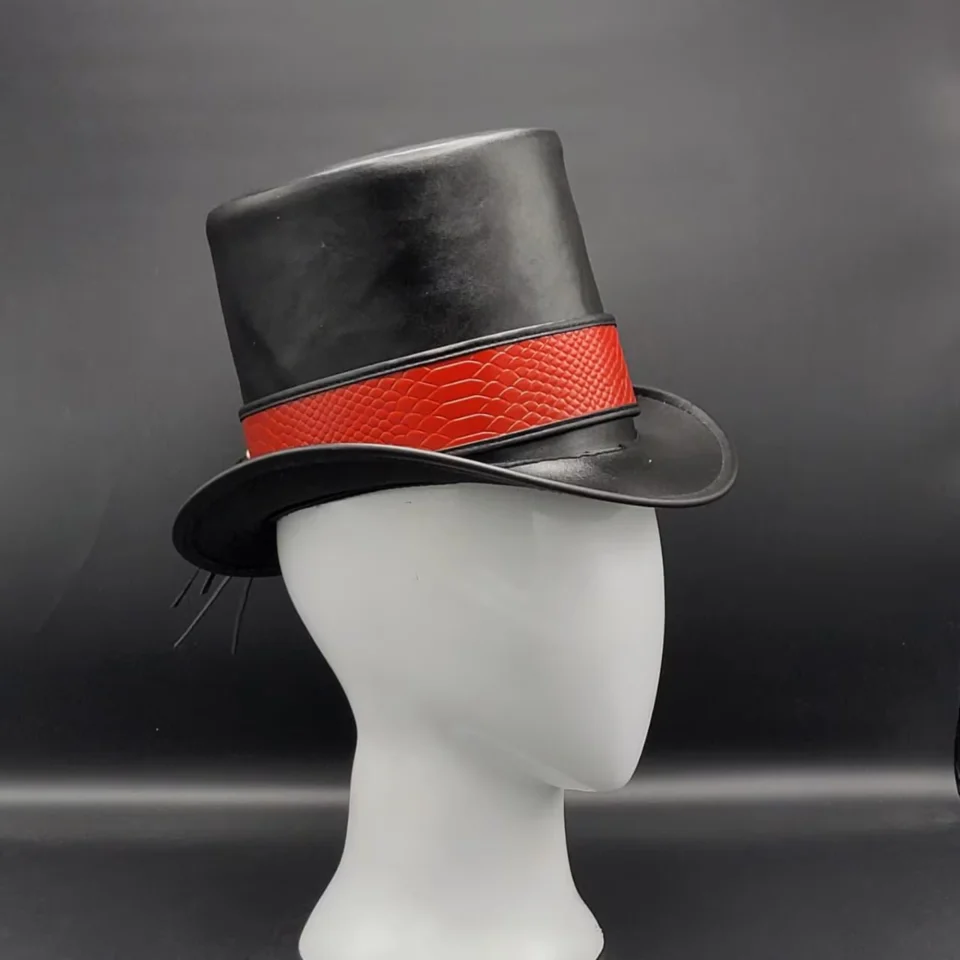 Black Handmade Leather Festival Top Hat Style 174 back view - black costume top hat with structured crown
