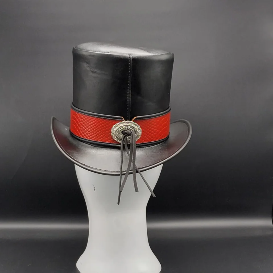Black Handmade Leather Festival Top Hat Style 174 detail view - black costume top hat with structured crown