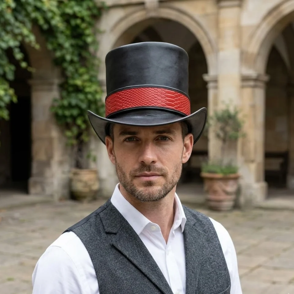 Black Handmade Leather Festival Top Hat Style 174 front view - black costume top hat with structured crown