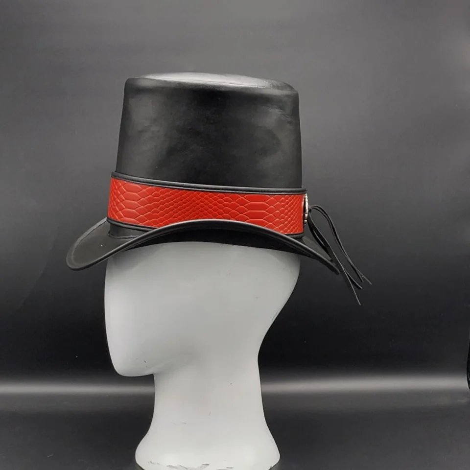 Black Handmade Leather Festival Top Hat Style 174 gallery view 05 - black costume top hat with structured crown
