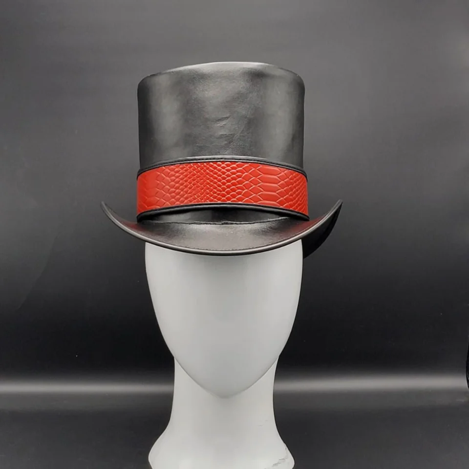 Black Handmade Leather Festival Top Hat Style 174 side view - black costume top hat with structured crown