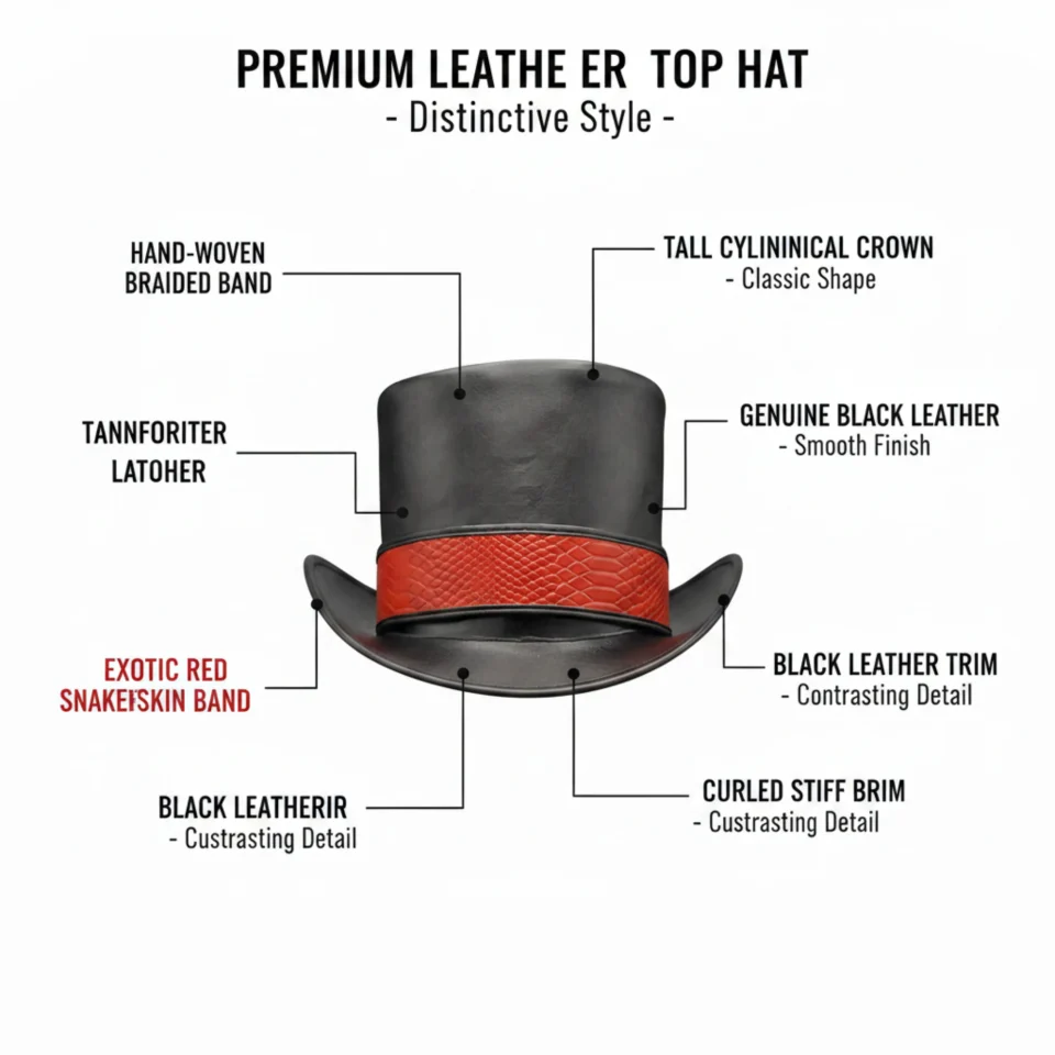 Black Handmade Leather Festival Top Hat Style 174 three quarter view - black costume top hat with structured crown