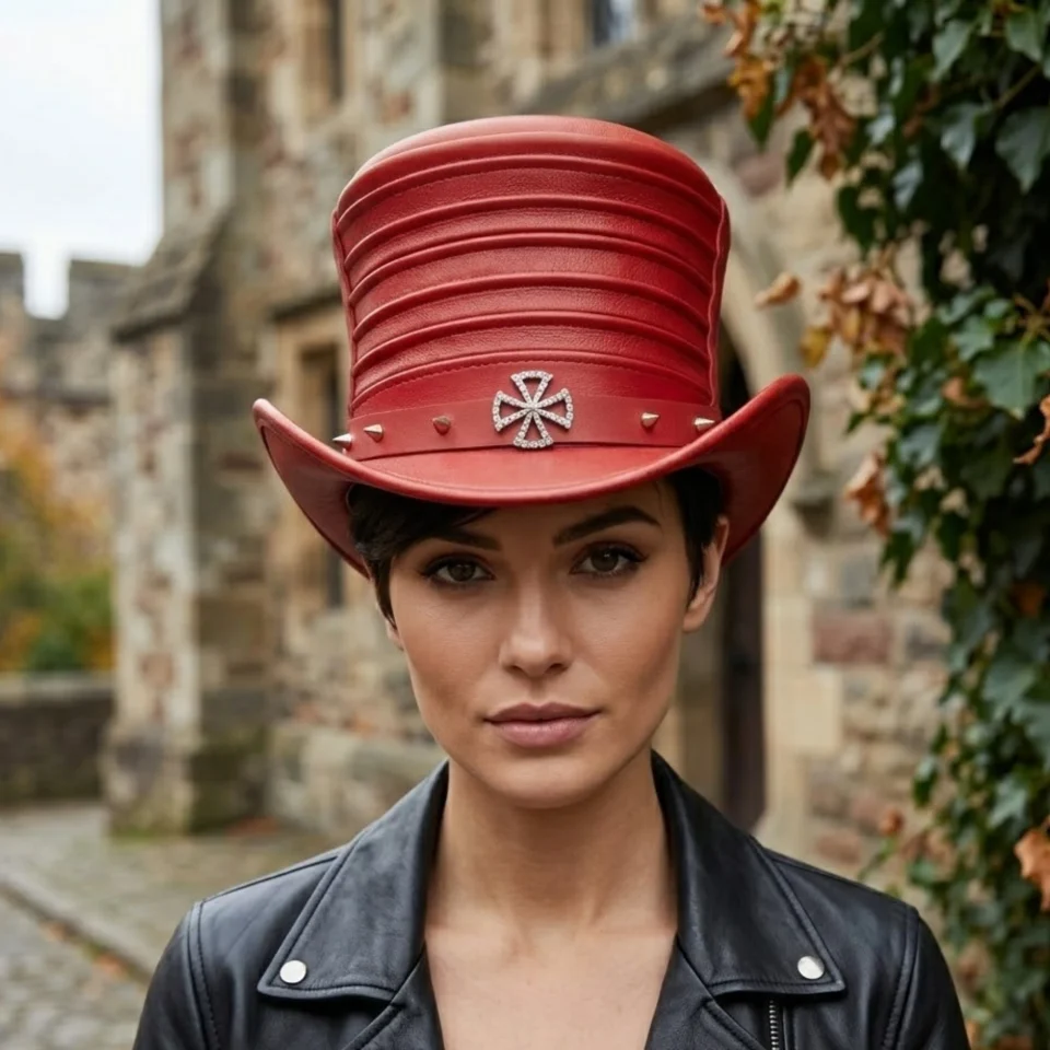 Black Handmade Leather Festival Top Hat Style 177 front view - black costume top hat with structured crown