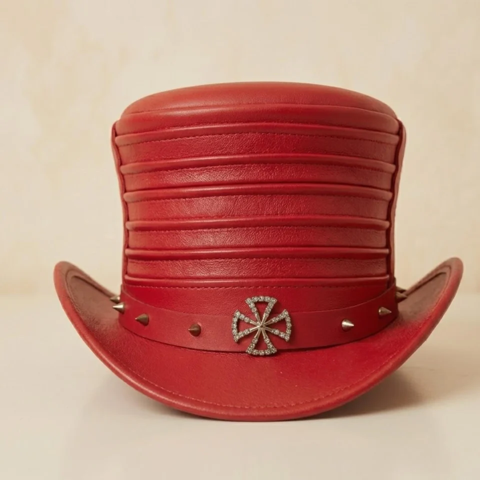 Black Handmade Leather Festival Top Hat Style 177 side view - black costume top hat with structured crown