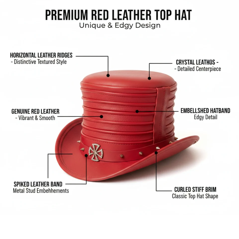 Black Handmade Leather Festival Top Hat Style 177 three quarter view - black costume top hat with structured crown