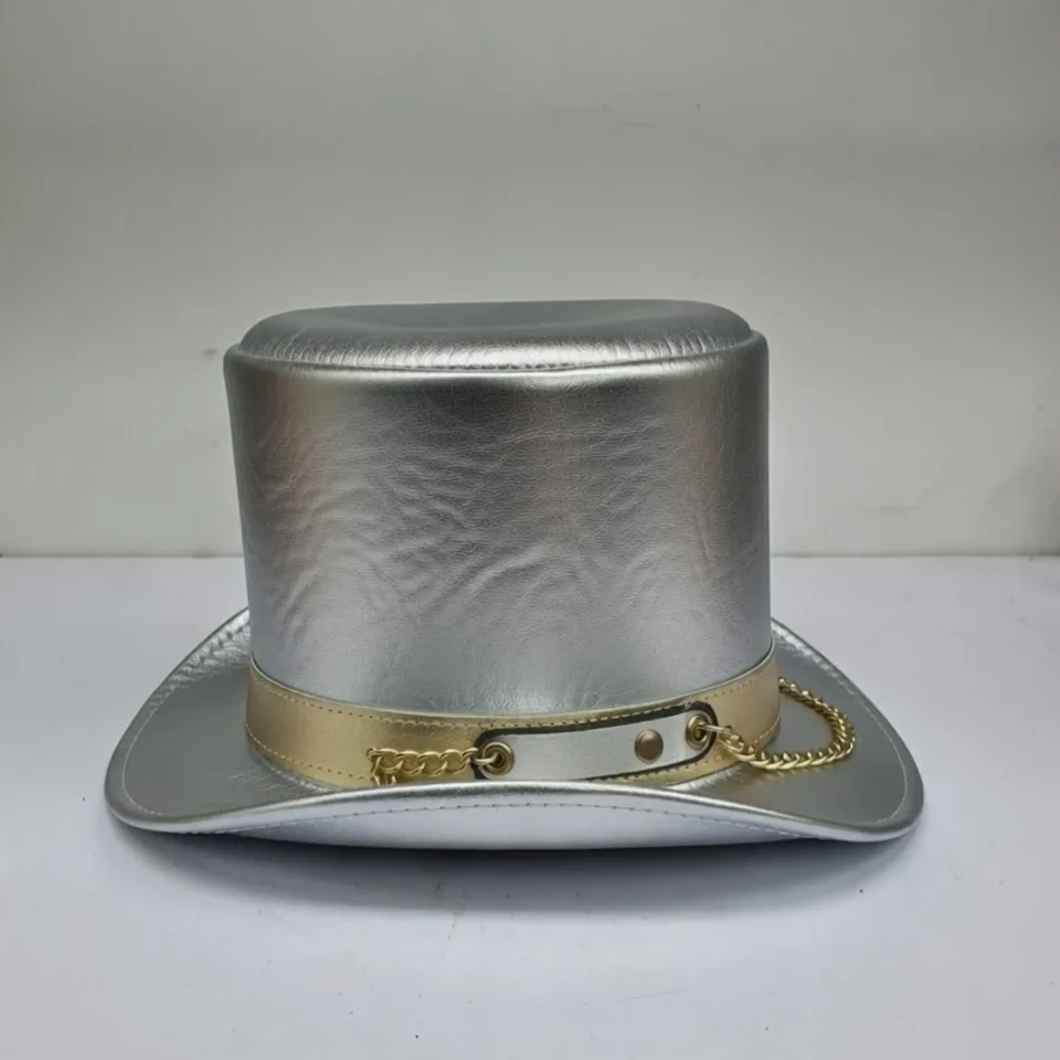 Black Handmade Leather Festival Top Hat Style 180 back view - black costume top hat with structured crown
