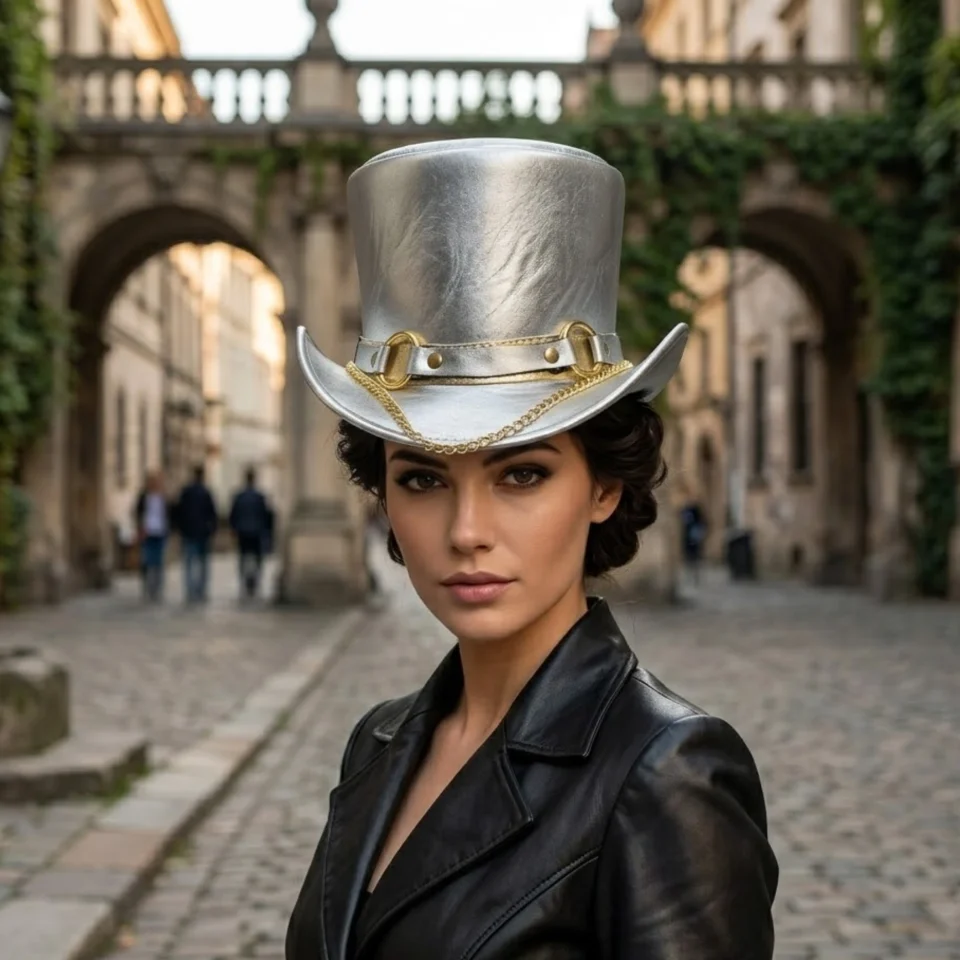 Black Handmade Leather Festival Top Hat Style 180 front view - black costume top hat with structured crown