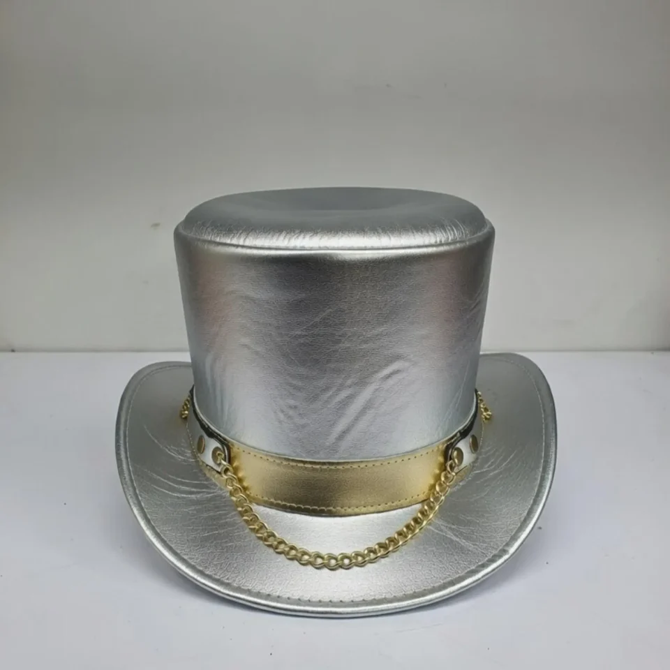 Black Handmade Leather Festival Top Hat Style 180 gallery view 05 - black costume top hat with structured crown