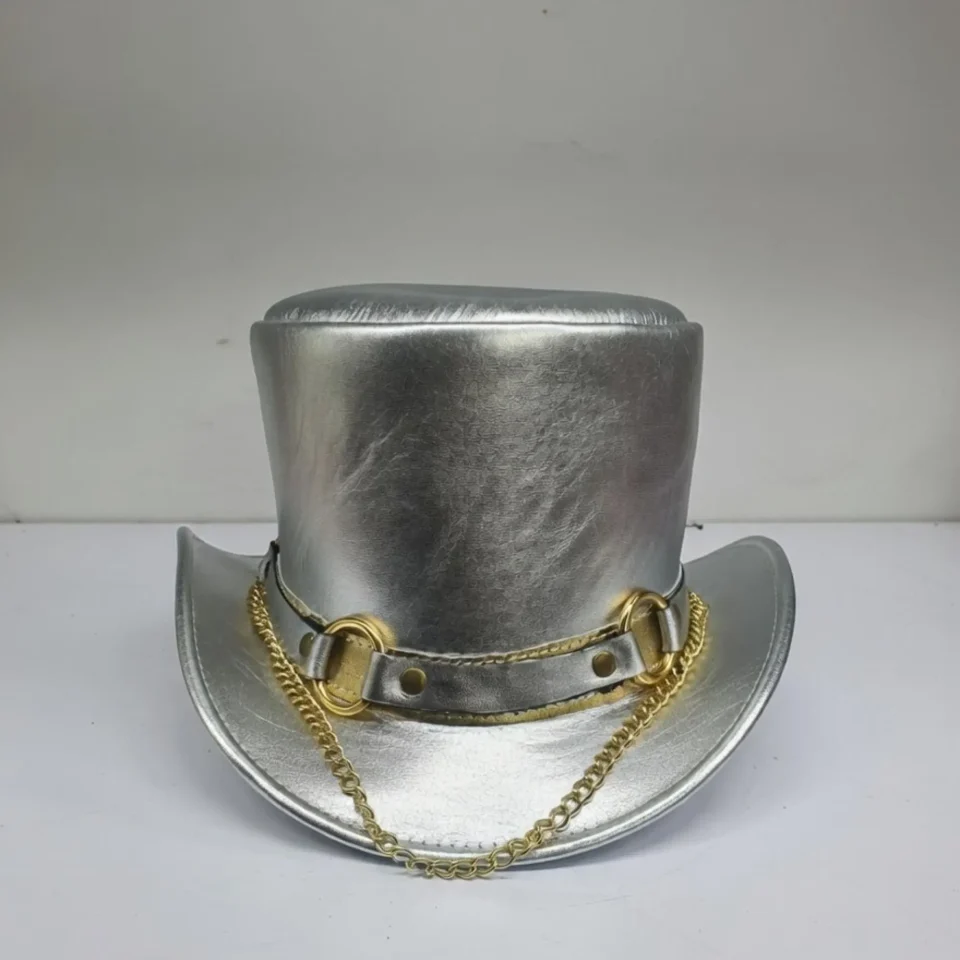 Black Handmade Leather Festival Top Hat Style 180 side view - black costume top hat with structured crown