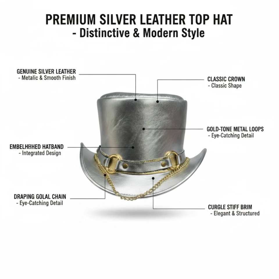 Black Handmade Leather Festival Top Hat Style 180 three quarter view - black costume top hat with structured crown