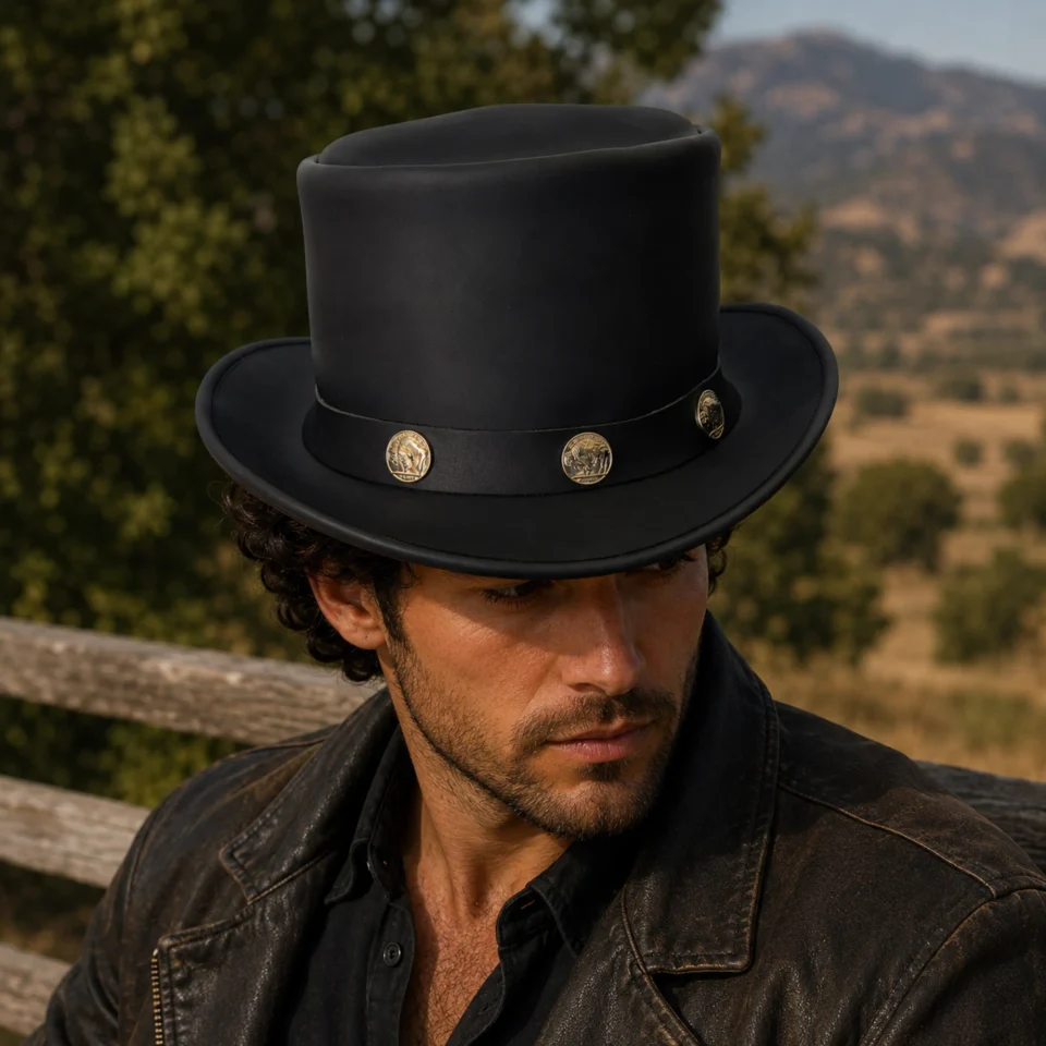 Black Classic Leather-Look Top Hat front view - black tall top hat / western top hat
