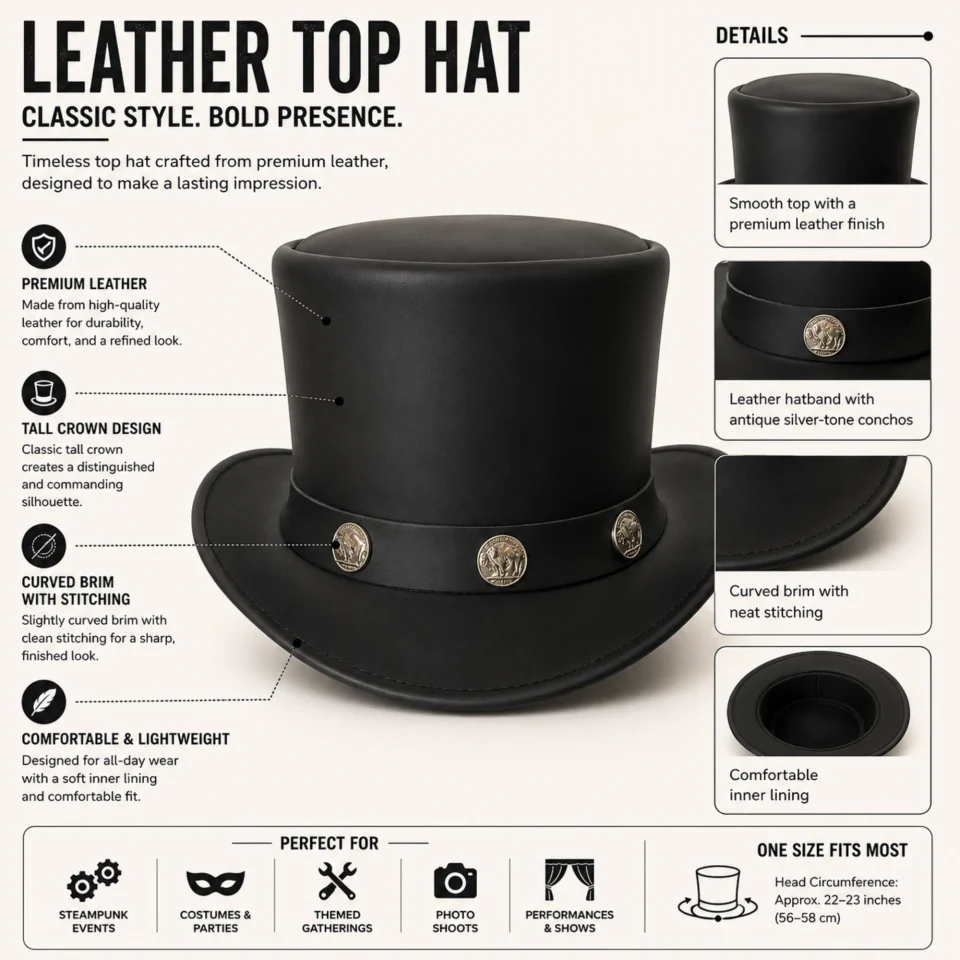 Black Classic Leather-Look Top Hat three-quarter view - black tall top hat / western top hat