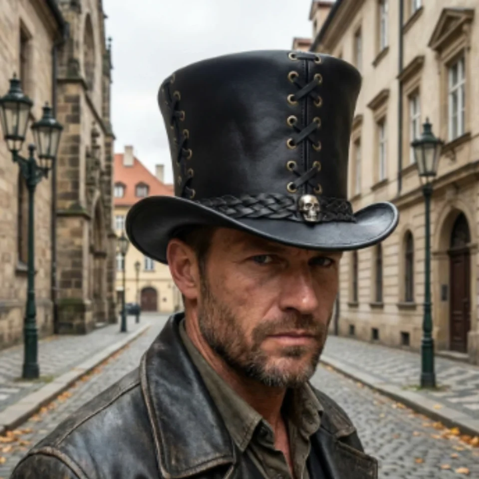 Black Lace-Up Top Hat front view - black tall top hat / western top hat