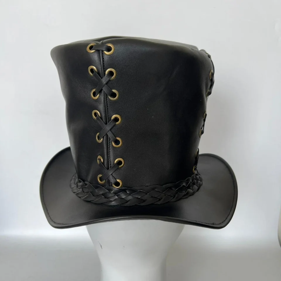 Black Lace-Up Top Hat side view - black tall top hat / western top hat