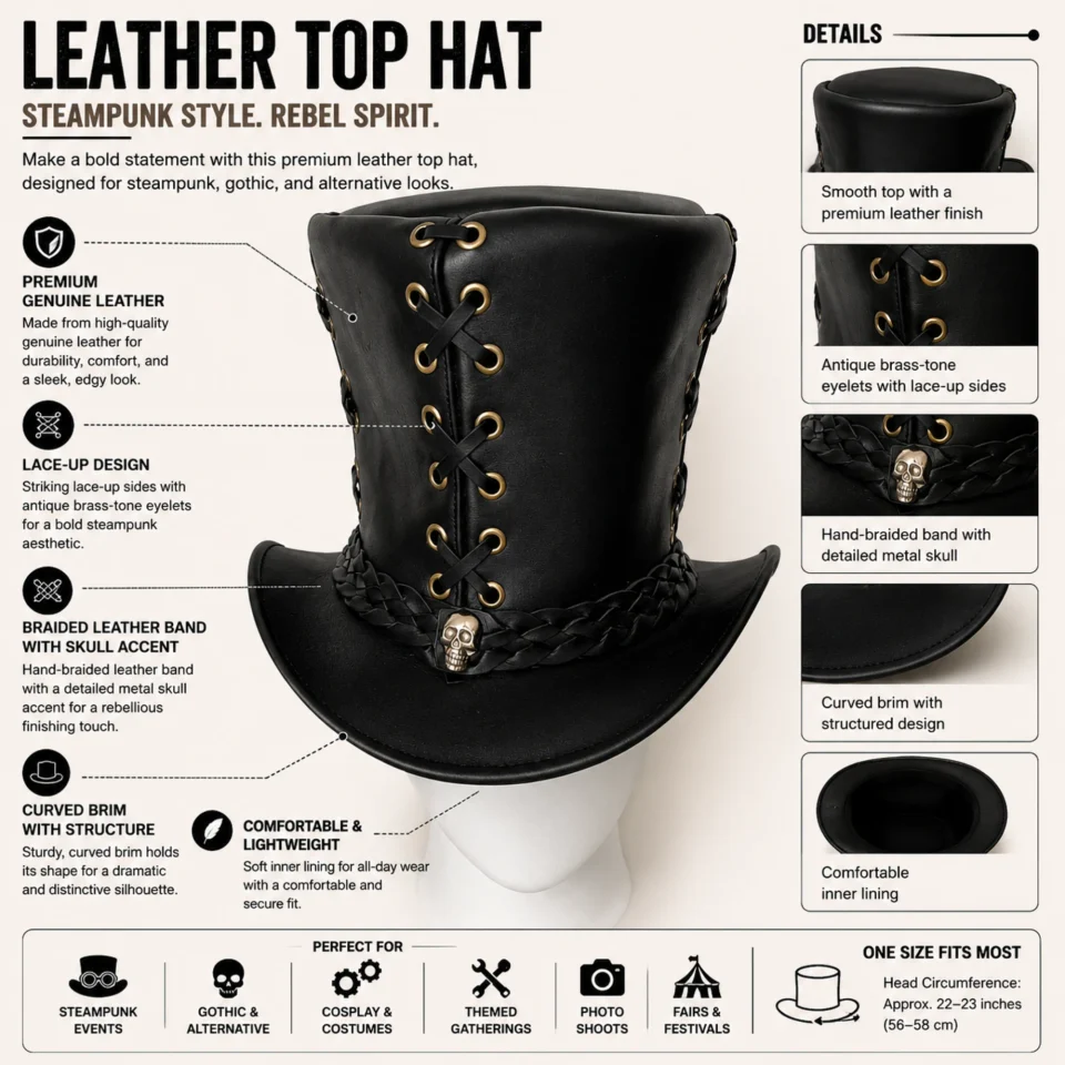 Black Lace-Up Top Hat three-quarter view - black tall top hat / western top hat