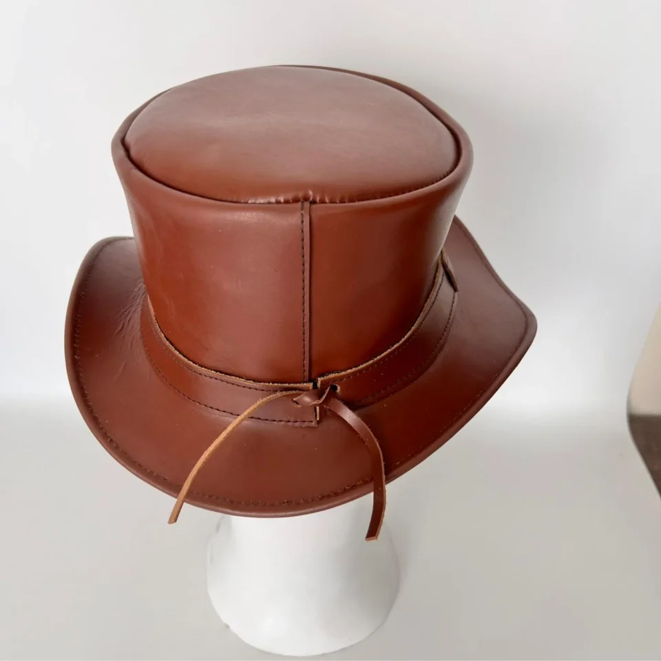 Cognac Brown Leather-Look Top Hat back view - cognac brown tall top hat / western top hat