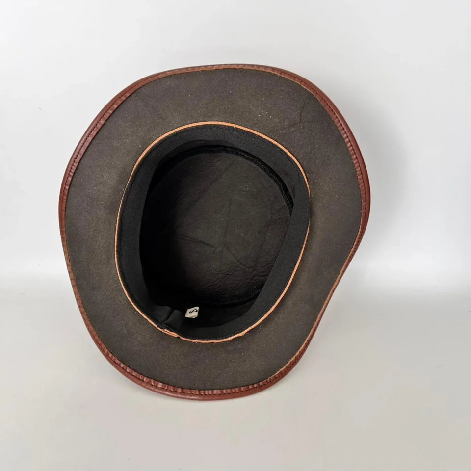 Cognac Brown Leather-Look Top Hat detail view - cognac brown tall top hat / western top hat