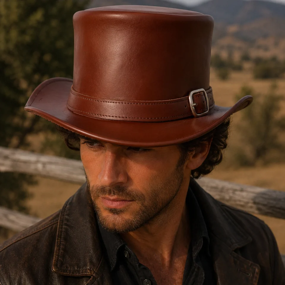 Cognac Brown Leather-Look Top Hat front view - cognac brown tall top hat / western top hat
