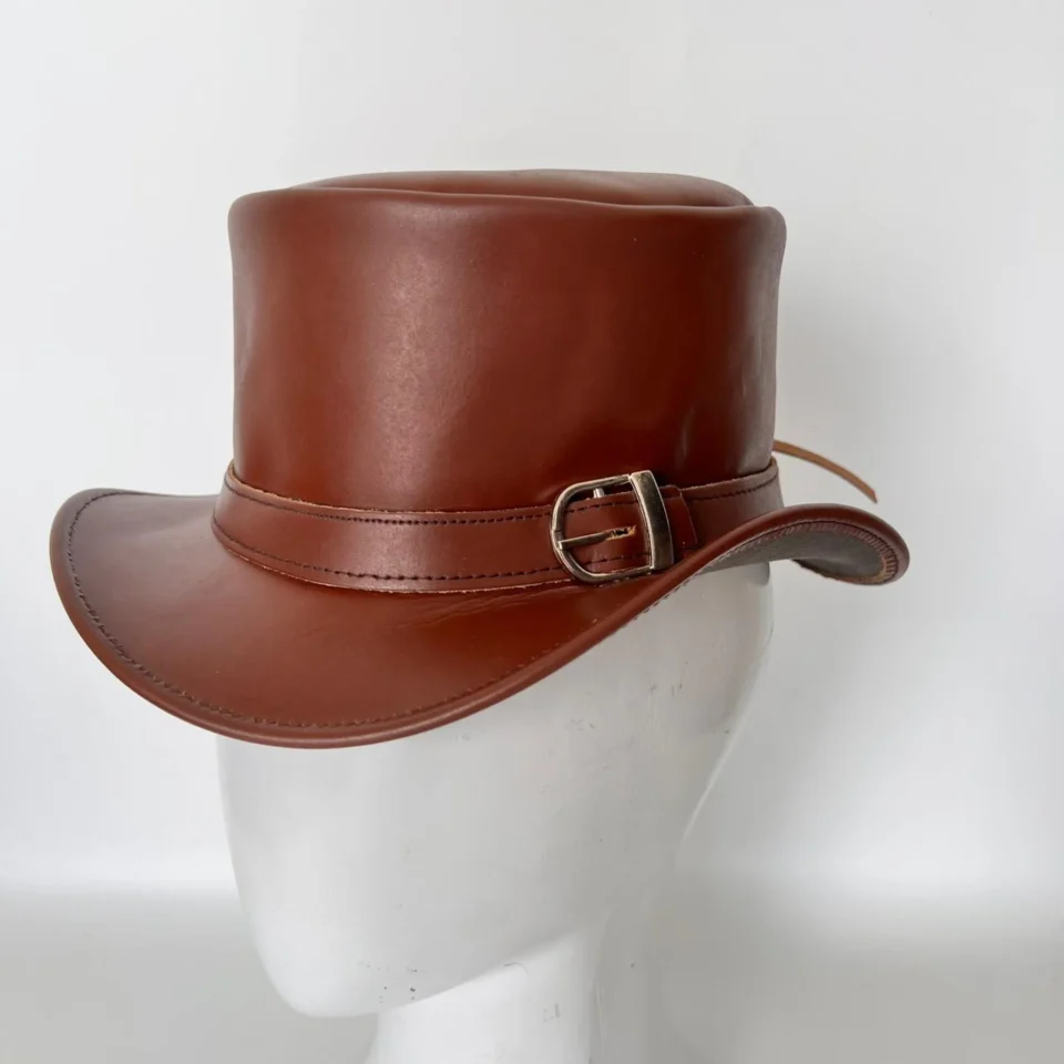 Cognac Brown Leather-Look Top Hat gallery view 6 - cognac brown tall top hat / western top hat