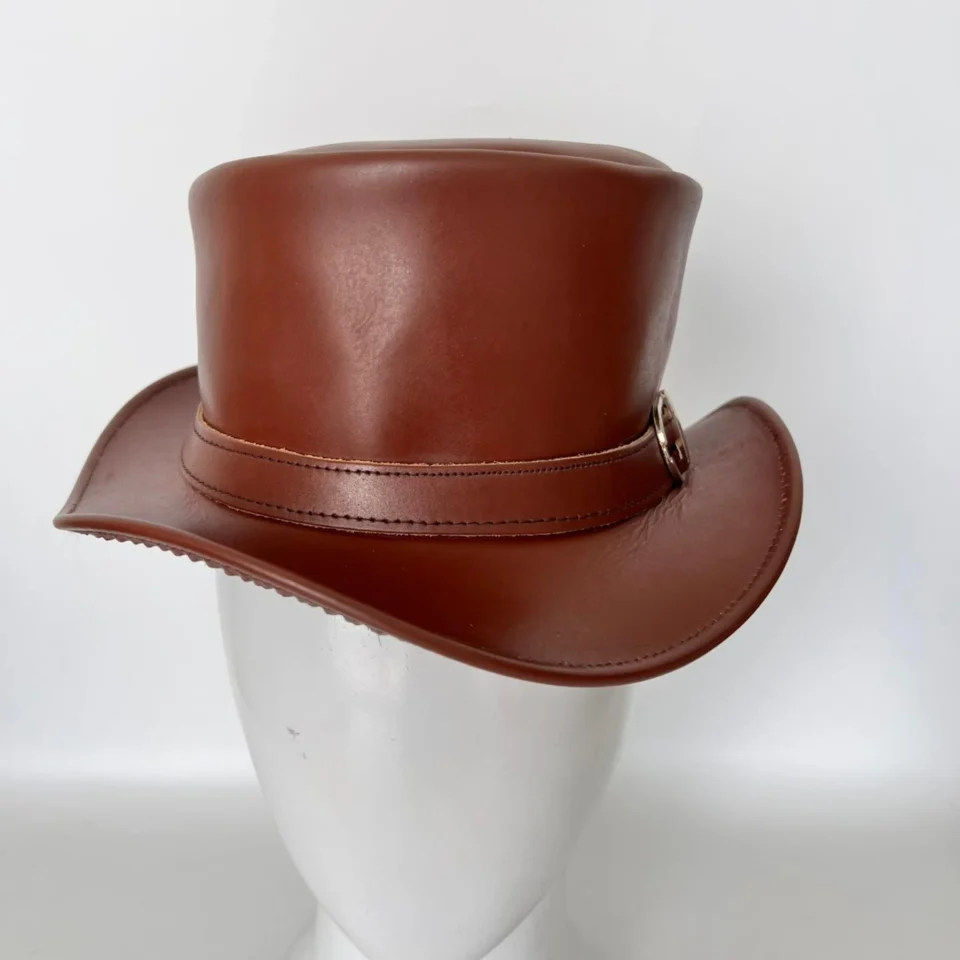 Cognac Brown Leather-Look Top Hat gallery view 7 - cognac brown tall top hat / western top hat