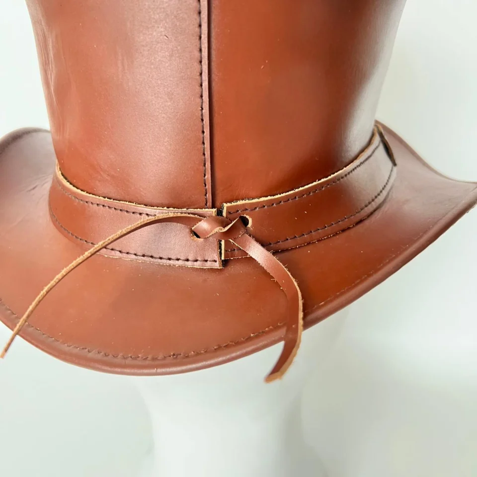 Cognac Brown Leather-Look Top Hat side view - cognac brown tall top hat / western top hat