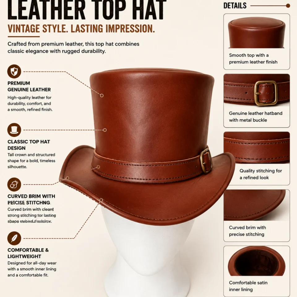 Cognac Brown Leather-Look Top Hat three-quarter view - cognac brown tall top hat / western top hat