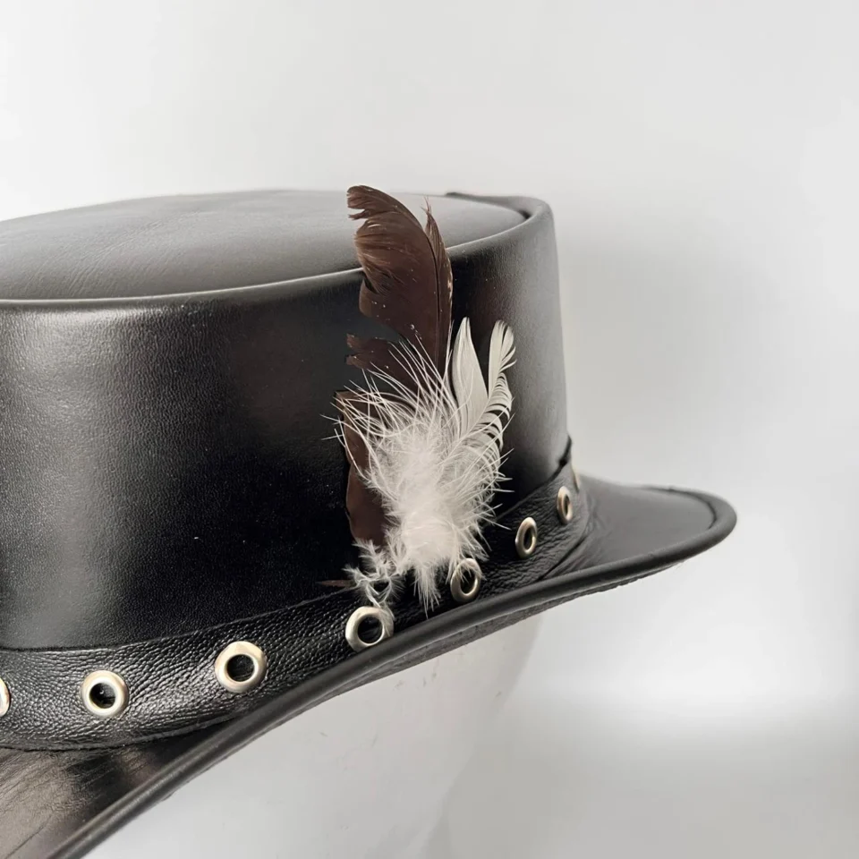 Dark Leather-Look Top Hat with Eyelets back view - black / dark gray tall top hat / western top hat