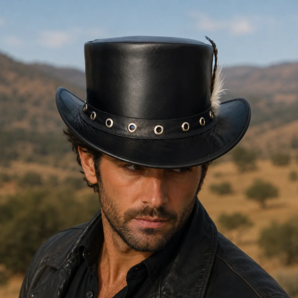 Dark Leather-Look Top Hat with Eyelets front view - black / dark gray tall top hat / western top hat
