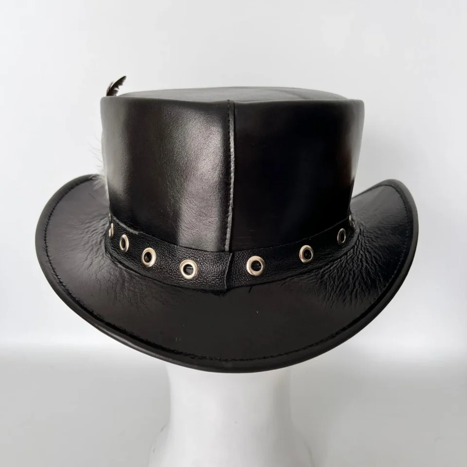 Dark Leather-Look Top Hat with Eyelets side view - black / dark gray tall top hat / western top hat