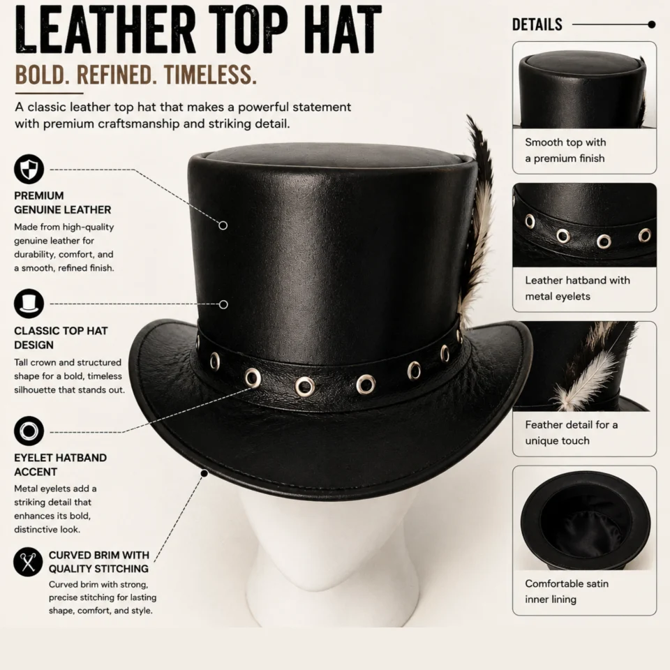 Dark Leather-Look Top Hat with Eyelets three-quarter view - black / dark gray tall top hat / western top hat