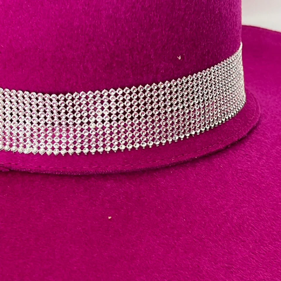 Fuchsia Felt Top Hat with Silver Band back view - magenta / fuchsia with silver band tall top hat / western top hat