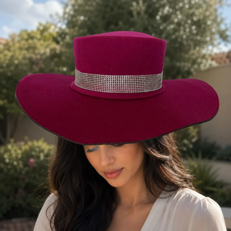 Fuchsia Felt Top Hat with Silver Band front view - magenta / fuchsia with silver band tall top hat / western top hat