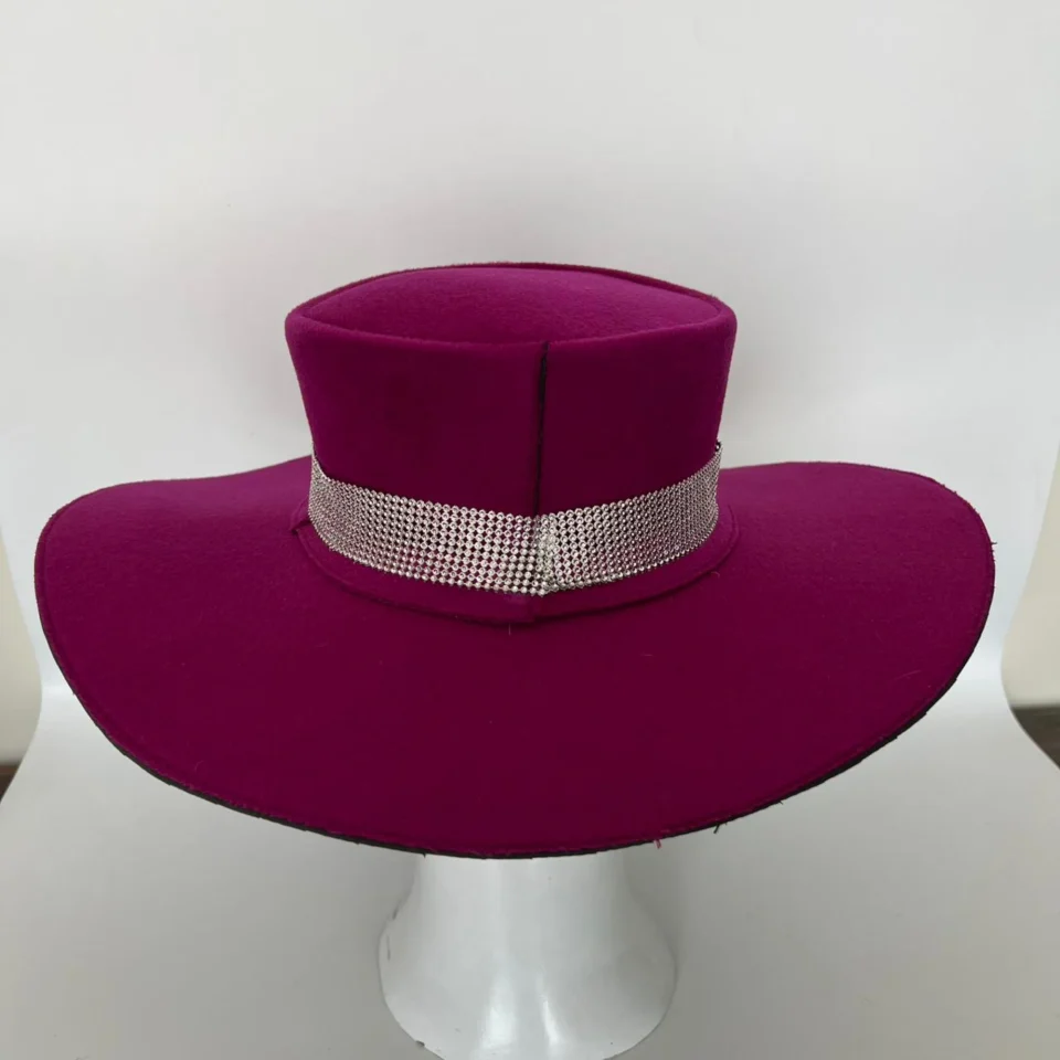 Fuchsia Felt Top Hat with Silver Band side view - magenta / fuchsia with silver band tall top hat / western top hat