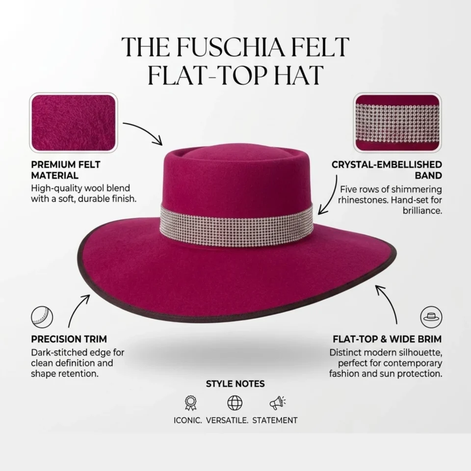Fuchsia Felt Top Hat with Silver Band three-quarter view - magenta / fuchsia with silver band tall top hat / western top hat