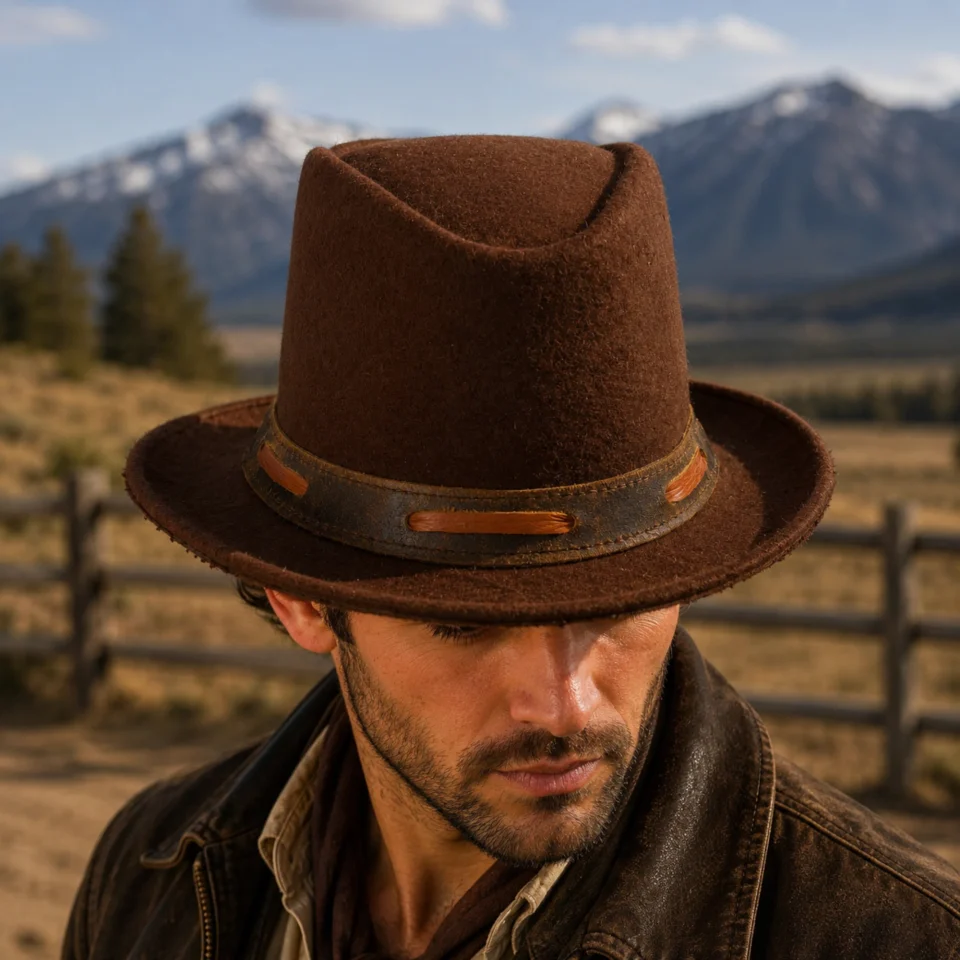 Vintage Brown Western Top Hat front view - brown tall top hat / western top hat