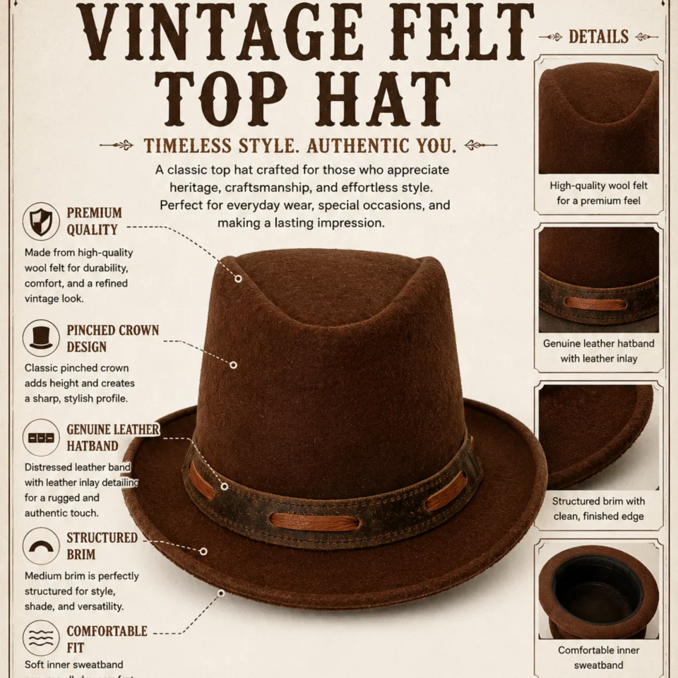 Vintage Brown Western Top Hat three-quarter view - brown tall top hat / western top hat