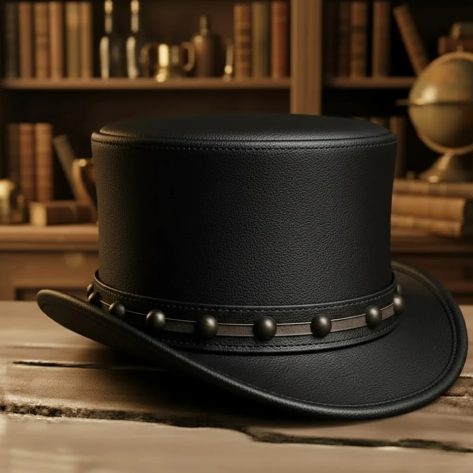 Black Handmade Leather Gothic Top Hat Style 001 detail view - black gothic top hat with structured crown