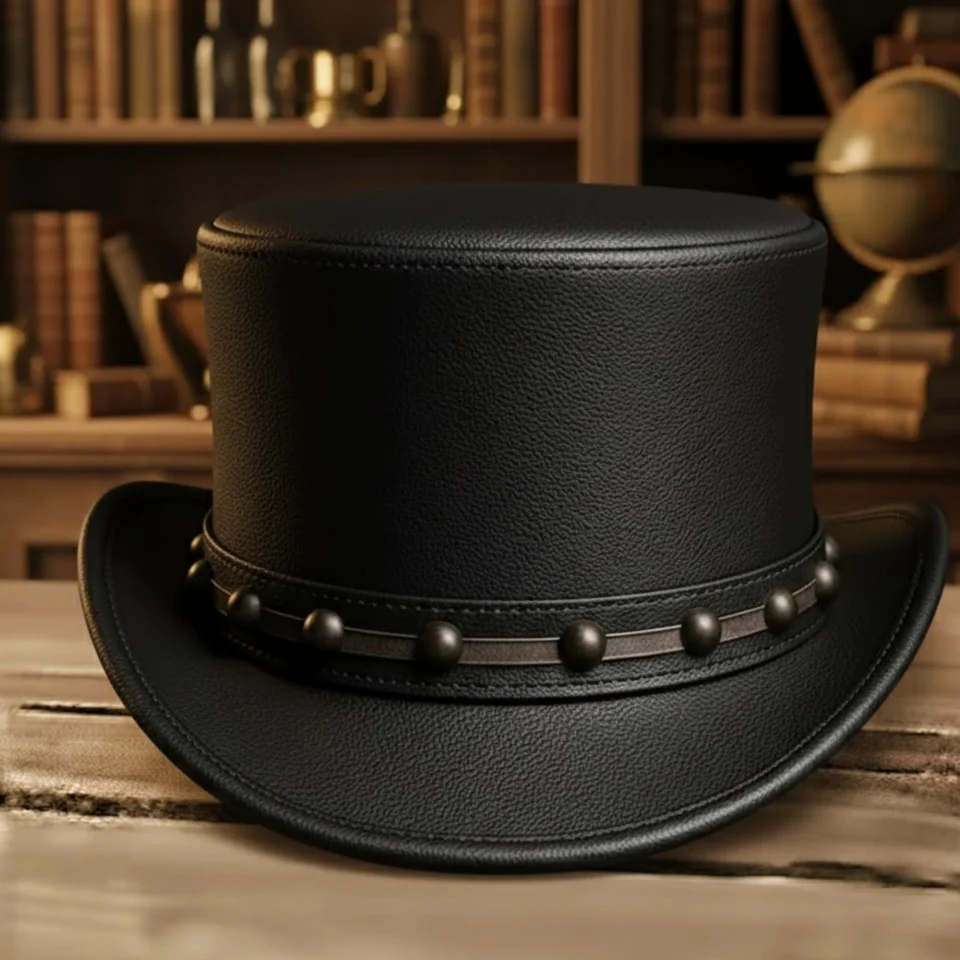 Black Handmade Leather Gothic Top Hat Style 001 front view - black gothic top hat with structured crown