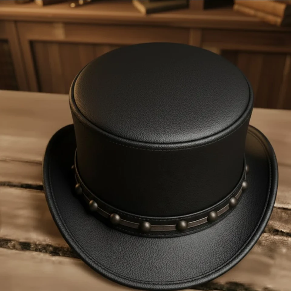 Black Handmade Leather Gothic Top Hat Style 001 three quarter view - black gothic top hat with structured crown