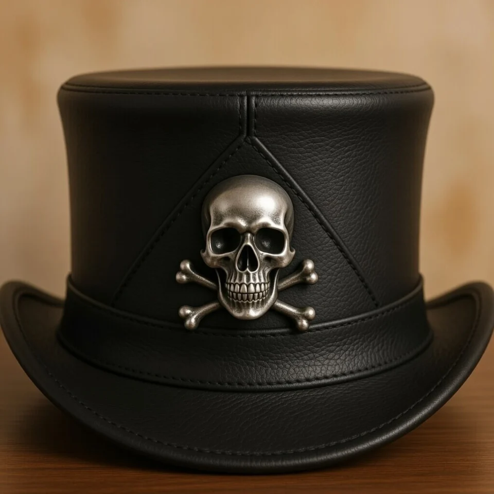 Black Handmade Leather Gothic Top Hat Style 034 front view - black gothic top hat with structured crown