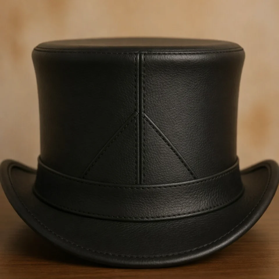 Black Handmade Leather Gothic Top Hat Style 034 three quarter view - black gothic top hat with structured crown
