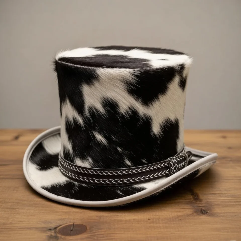 Black Handmade Leather Gothic Top Hat Style 055 front view - black gothic top hat with structured crown